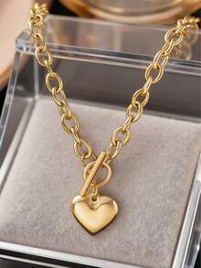 1 pieza Collar con colgante de corazón chapado en oro de 18K de acero inoxidable, elegante y adecuado para uso diario de mujeres, fiestas o regalo del Día de San Valentín