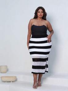 Plus Size Midi Skirt With Openwork Fabric In Modal Knit, Elegant, Casual - Black With White - View 8