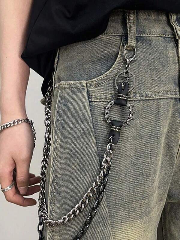 1 pieza Cadena de metal con púas en estilo punk, cinturón de cintura de moda vintage rock para hombres/mujeres, accesorio decorativo para jeans/pantalones