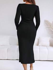 ChicMe Women Round Neck Long Sleeve Solid Color Metal Ring Waist Decor Cinched Slit Ribbed Knit Midi Dress Chic Casual Daily Business Outfit