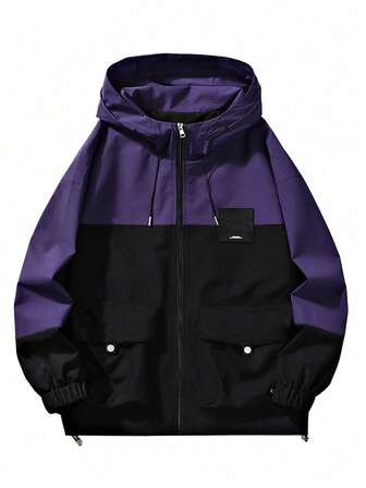 男士春秋新款彩塊休閒夾克，時尚連帽防風外套