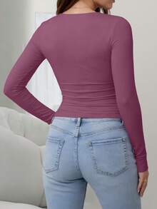 Áo thun nữ tay dài cổ tròn dáng ôm vừa vặn, thích hợp mặc mùa xuân - Màu tím - Xem 4