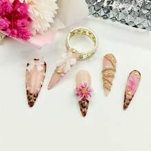 10pcs Pure Hand-Wom Nail,3D White Bow, Pink Floral Art, Gold Dots & Pearl Details | Nude Pink Chic Fake Nails For Women - Perfect For Parties, Dates, Daily Style & Special Occasions,Stiletto Press - On Nails With Leopard Print - 杏色 - 查看 6