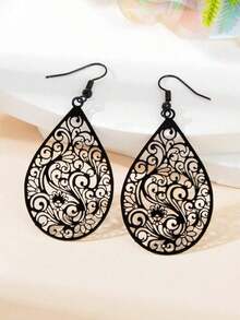 1 Pair Retro Hollow Black Flower Pattern Water Drop Earrings Party Daily Prom Jewelry Best Friends Gift - màu đen - Xem 3