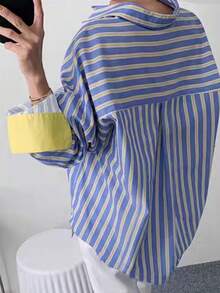 Damska koszula w paski w dużym rozmiarze, zapinana na guziki, niebiesko-żółta, luźna bluzka z kontrastowymi mankietami, luźna bluzka w stylu vintage z długim rękawem, idealna na co dzień i na ulicę