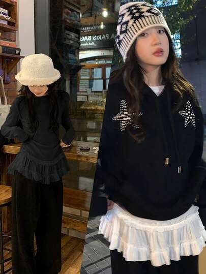 女士秋季芭蕾舞裙荷叶边长袖T恤，独特修身打底衫，黑色春季款