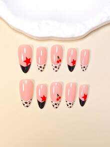 Instantly Upgrade Your Look With 96pcs Press On Nails Almond Y2K Star Cherry Leopard Black French Tip Nails Full Coverage Fake Nails For Women And Girls Includes 1sheet Adhesive Tabs & 1pc Mini Files Suitable For Autumn And Winter Seasons Party Date And Office Daily Wear False Nails Jelly Glue Is Randomly Shipped