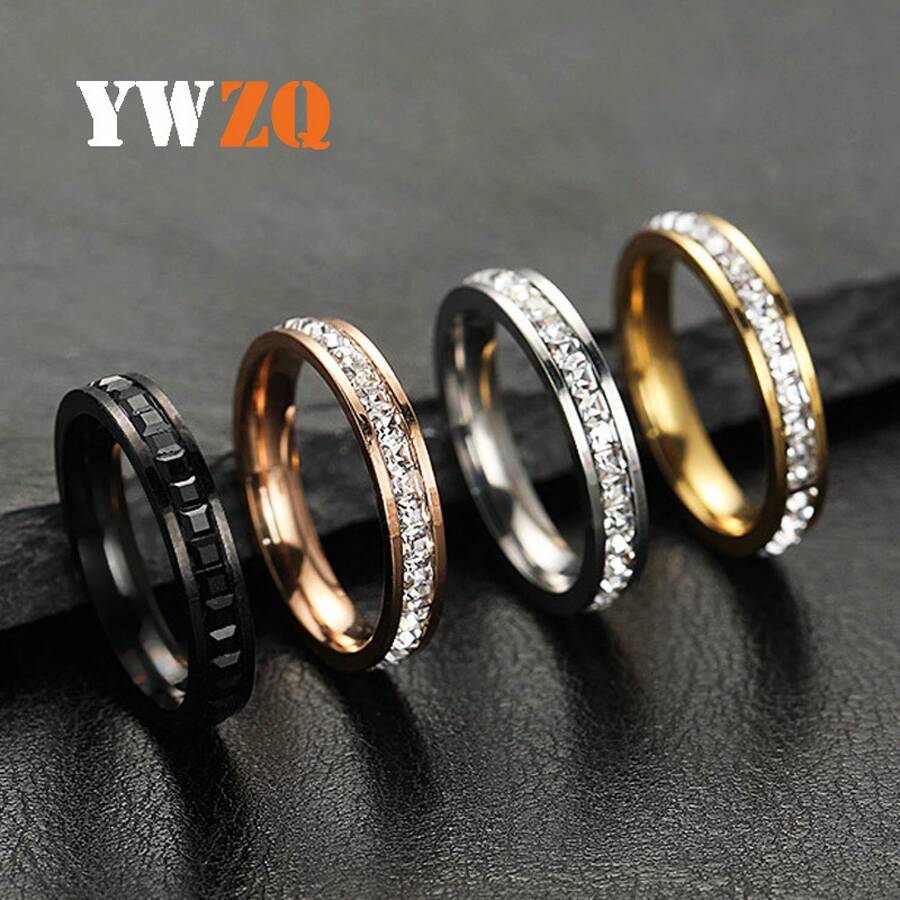 Cross-Border European And American Stainless Steel Jewelry Single And Double Row Starry Square  Titanium Steel Couple Rings For Women Manufacturer - Vàng (kim cương 8mm hai hàng) - Xem 1