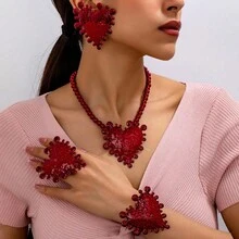 5PCS New Red Big Heart Niche Design Retro Open Wide Bracelet Necklace Earrings Ring Set Light Luxury Exquisite Women's Jewelry Set - 10-2348 紅色套裝 - 查看 1