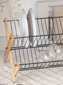 Rejilla de bambú de 2 niveles con forma de X, multifuncional, plegable, ahorra espacio, de acero inoxidable, de gran capacidad, para cocina, cuencos, platos, soporte, natural