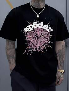 Bold Graphic Showcasing A Vivid Pink Spider Web With Scattered Stars Symbolizing Creativity And Resilience 100% Cotton Men Tshirt - màu đen - Xem 1