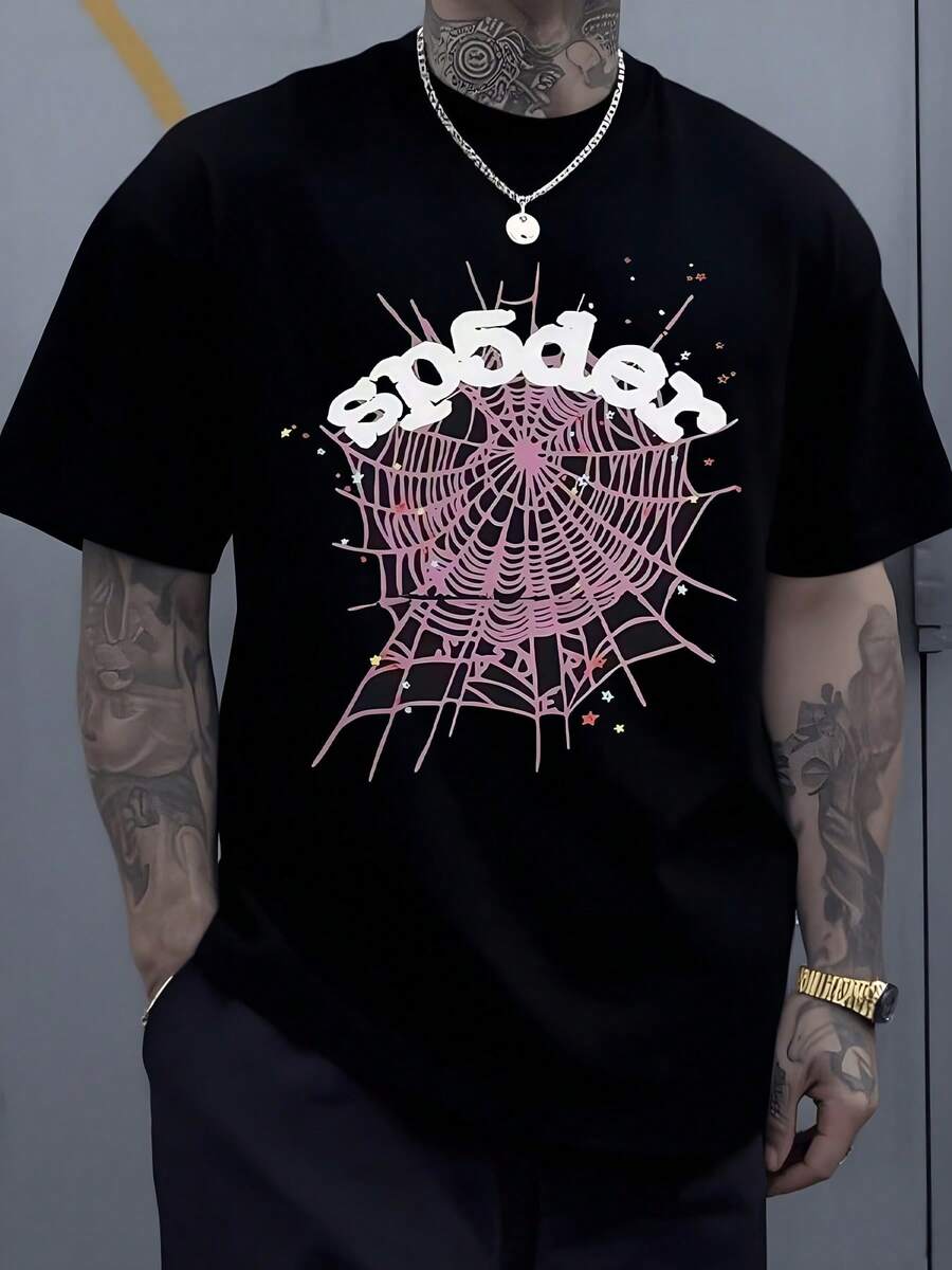 Bold Graphic Showcasing A Vivid Pink Spider Web With Scattered Stars Symbolizing Creativity And Resilience 100% Cotton Men Tshirt - màu đen - Xem 1