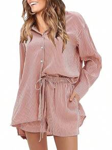 EXLURA - Conjunto de 2 piezas para mujer, de manga larga con botones, conjunto corto a juego, pijama de gran tamaño - Caqui - Ver 10