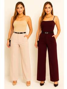 Kit Of 2 Women's Tailored Wide Leg Pants With Belt - 米色/酒紅色 - 查看 2