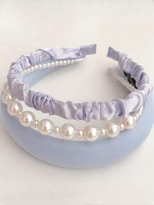 3 件套女孩休闲简约清新海绵珍珠头带套装，适合学校和日常装扮 - 淺藍色 - 查看 5