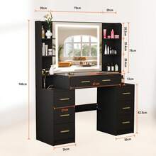 Dressing Table Makeup Vanity Black With Mirror LED Lights 7 Drawers & Shelves - 黑色 - 查看 9