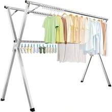 1.6 Tendedero Plegable de Ropa con 30 Ganchos y 12 Pinzas, Tendedero de Ropa de Acero Inoxidable Retrctil y Plegable para Interior y Exterior, Secador con Tubera Reforzada Ahorra Espacio - Plata - Ver 2