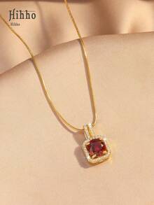 Hihho 1 件优雅红色锆石项链，高端蛇骨链吊坠项链，适合女士 - 紅色 - 查看 4