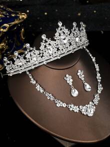 Classic Crystal Crown Necklace & Earrings Set, Fashion Jewelry Set For Brides, Bridesmaids, European & American Style