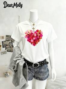 DEAR MOLLY Plus Size Women Heart Print Loose Fit Round Neck Short Sleeve T-Shirt, Suitable For Family Party, Outdoor, All Seasons