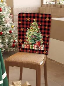 1 teiliges Set, Restaurantstuhlbezug, schwarz-rotes kariertes Weihnachts-Serienmuster für Stuhlbezug, Cartoon Weihnachtsszene mit Schneemann und Weihnachtsbaum Muster, abnehmbare Stuhlbezüge für Küche, Restaurant, Party.