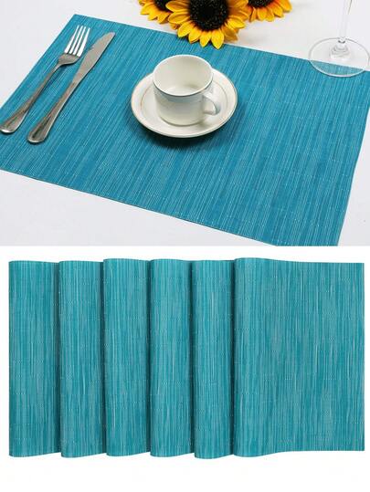 4pcs Blue Placemats, Plastic Place Mats, Bamboo Joint Japanese Placemats, Western Style Square Table Mats, Dining & Kitchen Bowl Mat, Heat-Resistant Non-Slip Washable PVC Table Mats, Easy Clean Woven Vinyl Dinner Mats For Kitchen Dining Table, Suitable For Christmas, Halloween, Thanksgiving, Weddings, Parties