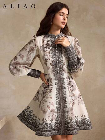 Aliao 精致高端印花迷你衬衫裙，腰线，长袖连衣裙，迷你连衣裙，优雅女装，端庄女装