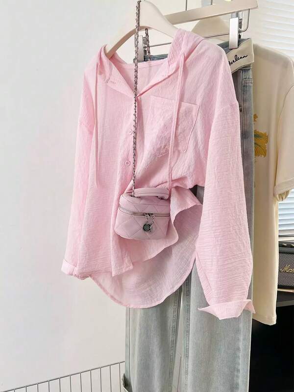 Ropa de mujer de estilo coreano para otoño e invierno, estilo casual de vacaciones, delgada sudadera con capucha y camisa con botones, conjunto de ropa de Navidad para mujer, blusa fina de protección solar rosa, chaqueta delgada, camisa de Acción de Gracias, blusas elegantes para mujer