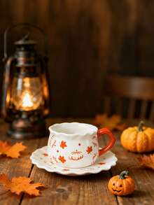 1 conjunto criativo minimalista pintado à mão com design assimétrico de abóbora, xícara de café de cerâmica e pires, ideal para presente de Halloween