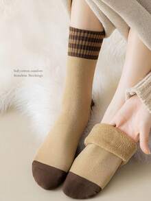 1/5/10 Pairs Women's Calf-Length Socks, Thermal Lined Socks, Striped Pattern, Women's Thick And Warm Socks, Student Socks, Couple Socks, Long Socks, Women's Socks, Suitable For Winter Daily Wear, Office, Home, Sports