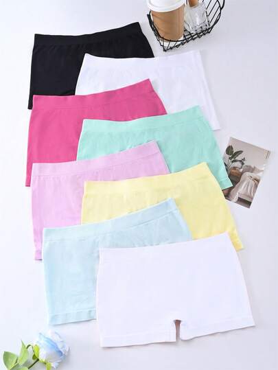 8pcs/Pack Cute Girl Minimalist Comfortable Seamless Elastic Waist Basic Panties, Casual Fashion Solid Color Daily Sports Shorts