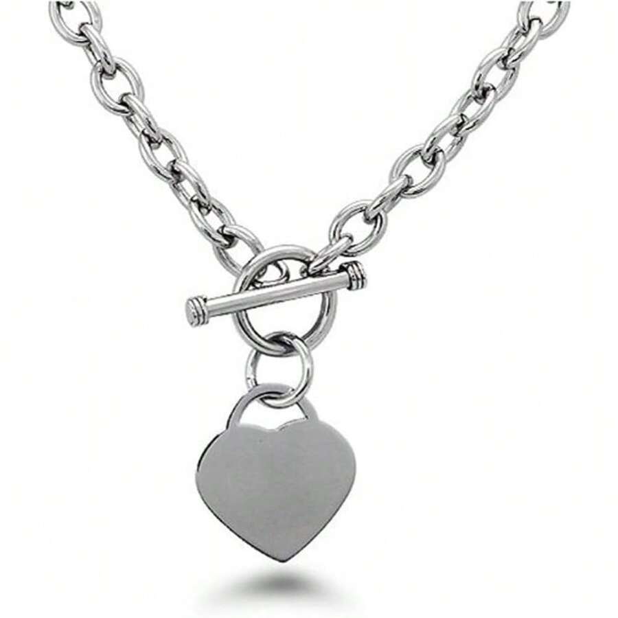 High Polished Stainless Steel Heart Charm Cable Chain Necklace With Toggle Clasp Length 16"- 25" - 16 inch - Xem 1