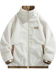 男士双面立领长袖夹克，时尚休闲新款羊羔绒外套 - 咖啡棕 - 查看 2