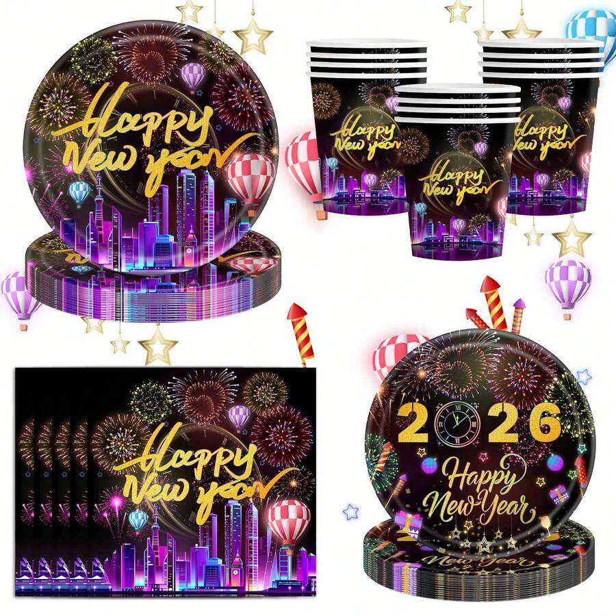 20个/80个2026新年彩色气球主题新年生日派对装饰,足够20位客人使用,包含纸盘、甜点盘、餐巾纸、纸杯,适用于婚礼、生日派对和其他庆祝活动。 - 彩色 - 查看 1