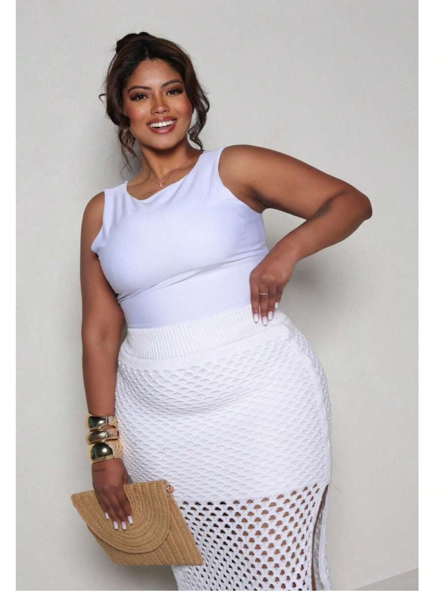 Plus Size Midi Skirt With Openwork Fabric In Modal Knit, Elegant, Casual - Off - View 1