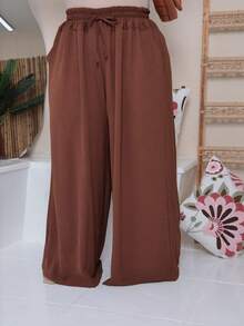 Maxi Pantalona Plus Size Without Slit Duna Fabric Elastic Waist - Rust Brown - View 2