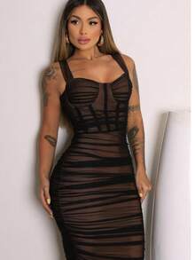 Dress With Transparent Effect And Fitted Design - Nude Black - View 2