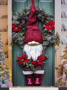 1 pezzo Ghirlanda natalizia con gnomo 2D, un ornamento da appendere con un nano, una ghirlanda natalizia da appendere alla porta, stampata con ghirlande e gnomi, con dettagli di cappelli lavorati a maglia e calze a righe, adatta per decorazioni natalizie, per casa, ufficio e porta, decorazioni natalizie e di Capodanno. (Senza ghirlanda)
