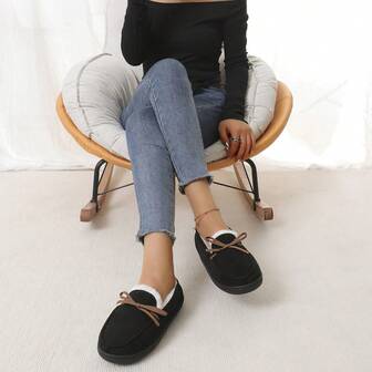 女士蓬松休闲拖鞋，冬季保暖户外一脚蹬乐福鞋，圆头蝴蝶结装饰冬鞋