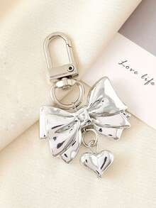 1pc Silver Alloy Bow & Heart Shaped Women Bag Charm, Wallet Accessory, Minimalist Punk Style, Suitable For Outings, Women's Gift, Girlfriend Birthday/Christmas Gift, Wallet Decor & Chain, Bag Pendant, Teacher Accessory