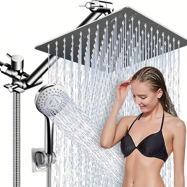 Bathroom Rainfall Shower Head 8/1012" Square With Adjustable Extension Arm, High Pressure Shower Head, Ultra Thin Rainfall Bath Shower With Silicone Nozzle, Three Function Handheld Showerhead