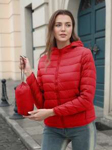 ZIAI Women Long Sleeve Hooded Down Coat Regular Length Warm Filled Jacket With Pockets And Zipper