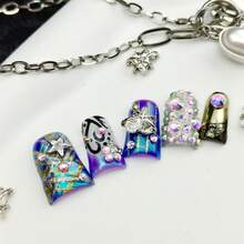 10pcs Pure Hand-Wom Nail,Cyberpunk Y2K Glam Stiletto Press - On Nails | Blue - Purple Ombre With Metallic Silver, 3D Metal Star & Heart Charms, Aurora Rhinestones & Iridescent Gems | Shimmer Finish Fake Nails - Perfect For Halloween Festivals, Clubbing & Edgy Street Style - 藏蓝色 - 查看 4