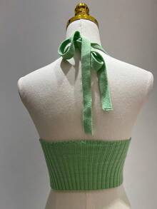 Simple, Knitted, Cable Knit, Backless, Beach, Tie-Up Crop Top - Olive Green - View 3
