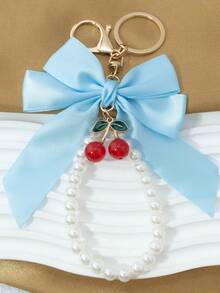 1 Elegant Faux Pearl Bracelet And Bow Decoration Keychain Pendant, Equipped With Creative Zinc Alloy Simulated Cherry Accessories, Fashionable Women's Bag Pendant, Suitable For Bag Chains, Mobile Phone Hanging Chains, Keychains, And Gifts For Friends' Mothers Christmas