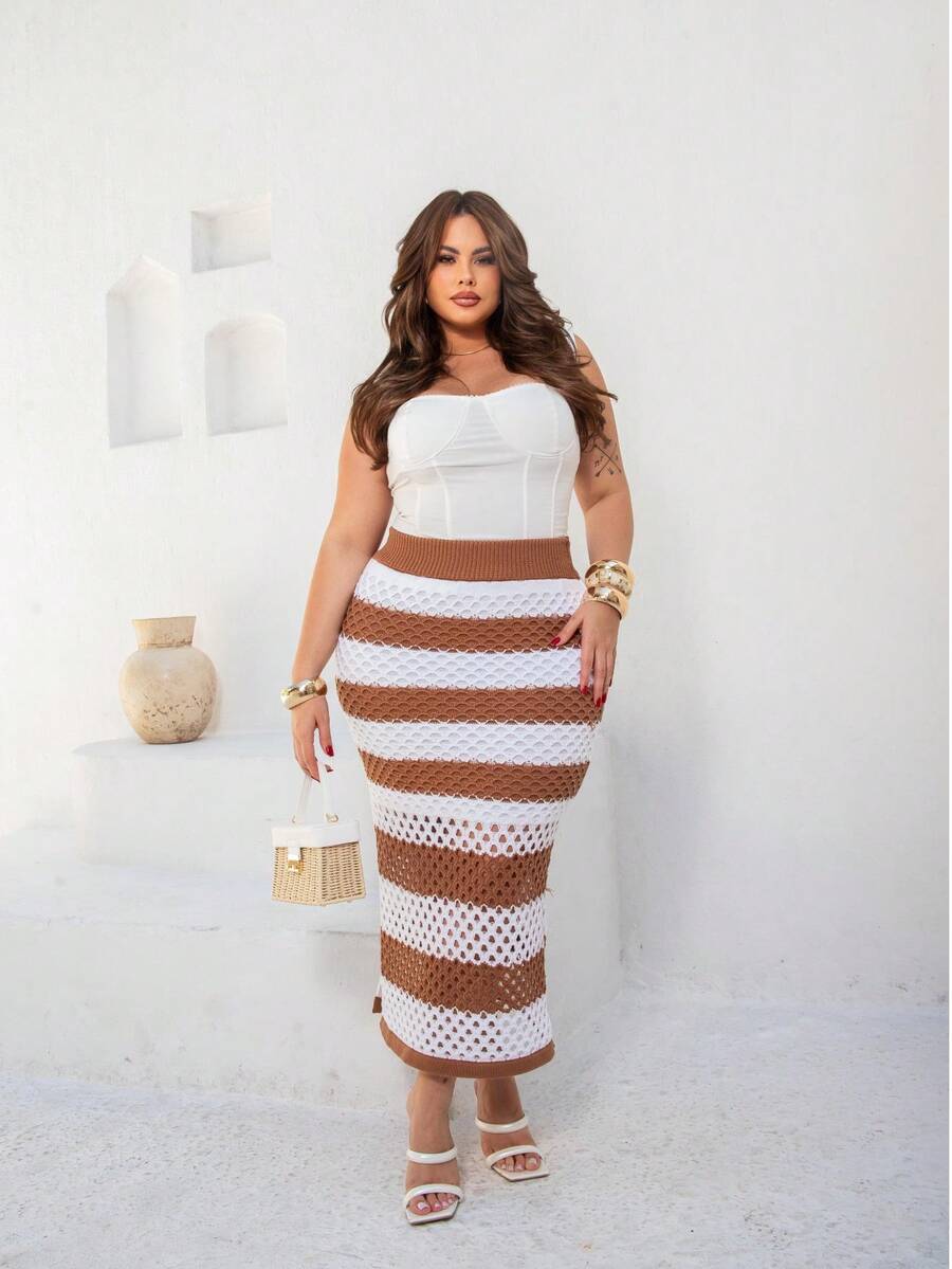Plus Size Midi Skirt With Openwork Fabric In Modal Knit, Elegant, Casual - Beige With White - View 1