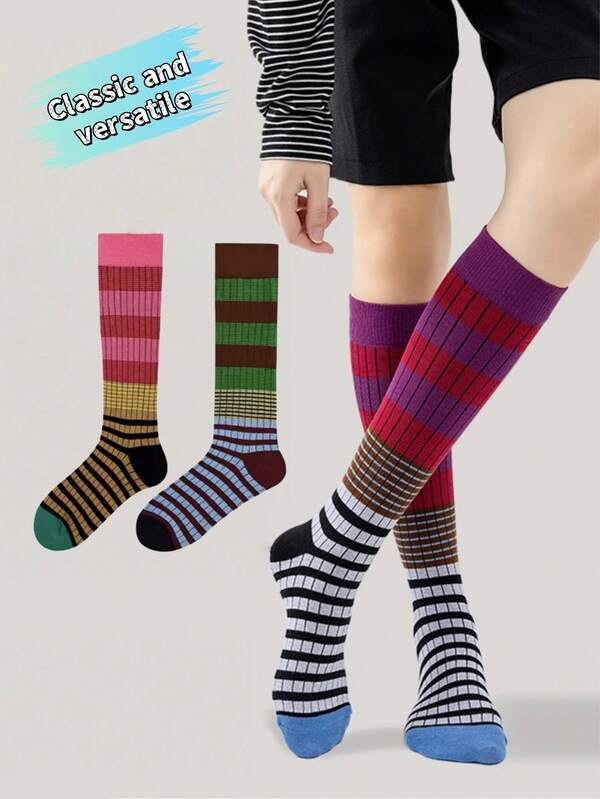 2 Pairs Women's Striped Contrast Color Calf Length Sports Socks, Retro Versatile Merino Wool Athletic Crew Socks