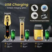 Men's 3PCS Grooming Set Electric Shaver Hair Trimmer Cordless Professional Rechargeable Hair Cutting Grooming Kit - Gold - View 7