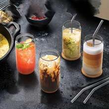 8pc, Glass Cup With Bamboo Lid And Glass Straw+Straw Brush, Exquisite Glass Cup, Essential For Furniture And Kitchen, Party Supplies, Straw Cup Perfect For Soda Water, Boba Tea, Iced Coffee Cup, 18.7oz - 8PCS - View 7
