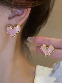 1 Pair Elegant Fashion Heart Shaped Stud Earrings, Suitable For Women Any Occasion, Valentine's Day Gift Valentines - 粉色 - 查看 3